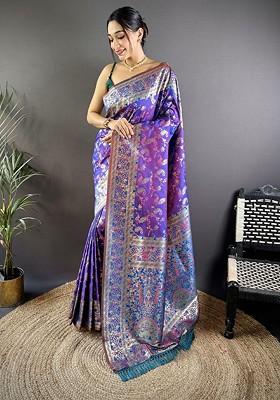 Purple Embroidered Blended Saree Set