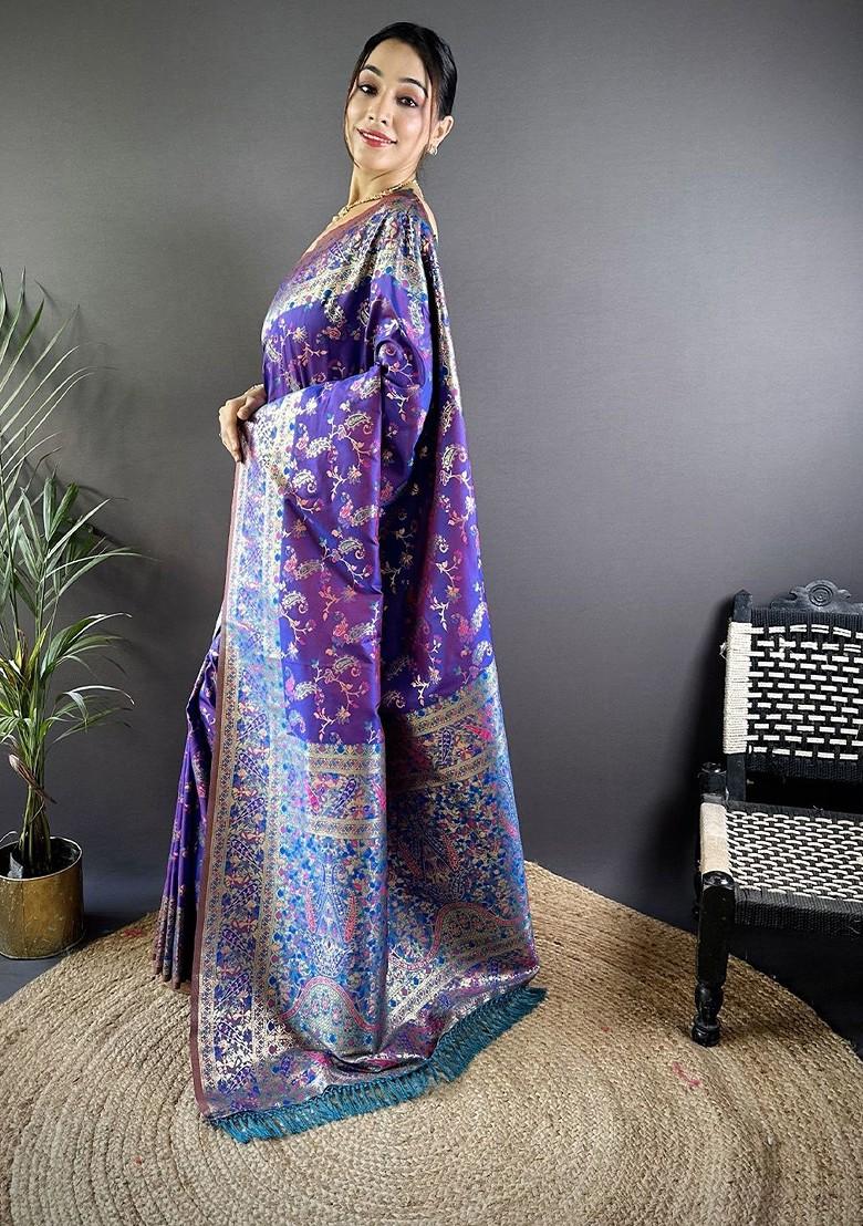 Purple Embroidered Blended Saree Set - Indya
