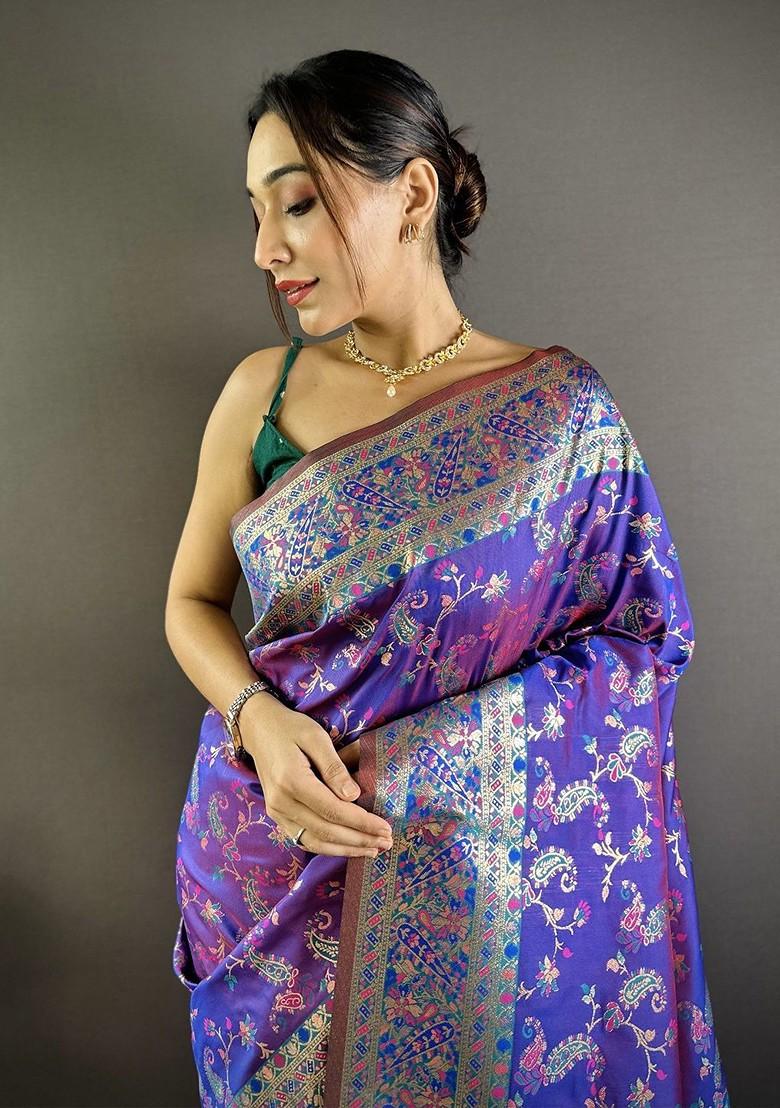Purple Embroidered Blended Saree Set - Indya