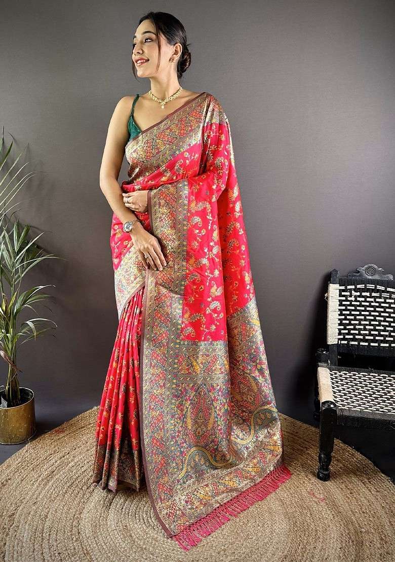 Red Embroidered Blended Saree Set for Diwali and Festive Wear - Indya