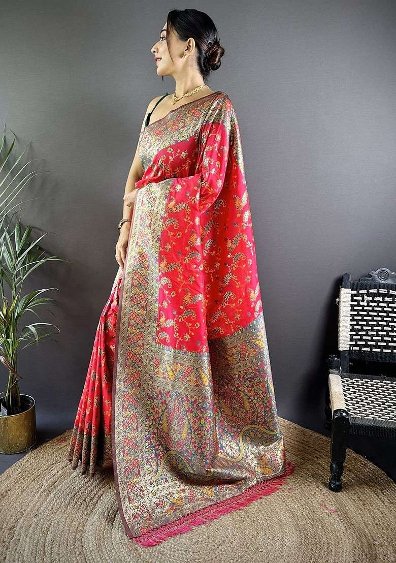 Red Embroidered Blended Saree Set for Diwali and Festive Wear - Indya