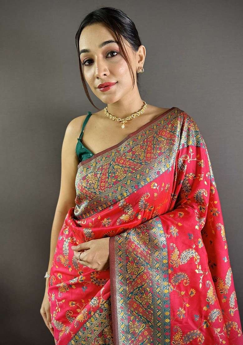 Red Embroidered Blended Saree Set for Diwali and Festive Wear - Indya