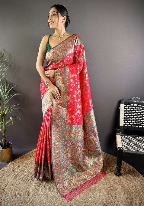 Red Embroidered Blended Saree Set for Diwali and Festive Wear