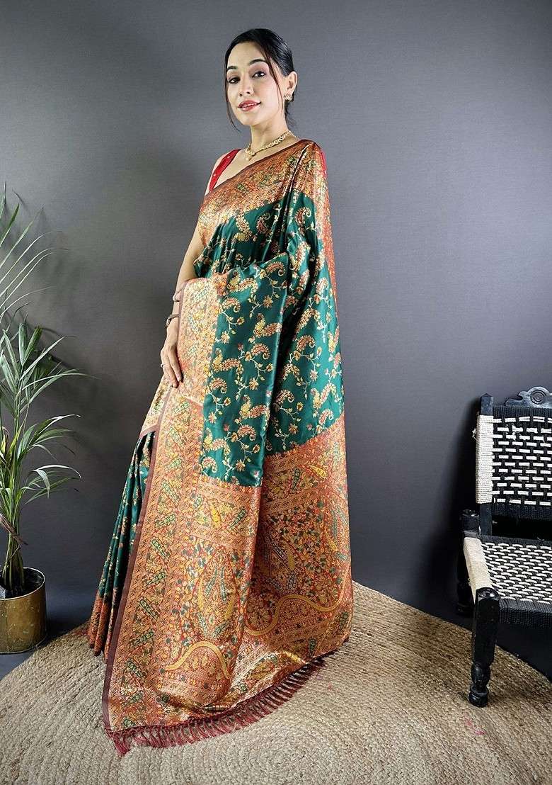 Green Blended Saree Set with Embroidered for Diwali | Wedding & Festive Wear - Indya