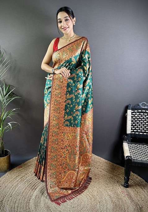 Green Blended Saree Set with Embroidered for Diwali | Wedding & Festive Wear