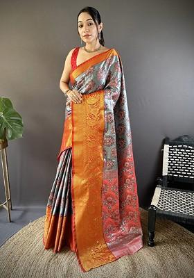 Grey Embroidered Blended Saree Set