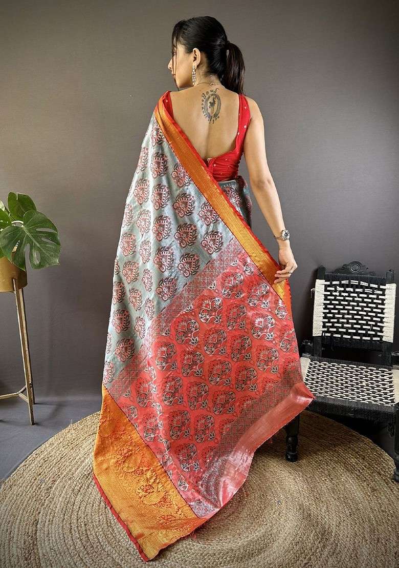 Grey Embroidered Blended Saree Set for Diwali and Festive Wear - Indya