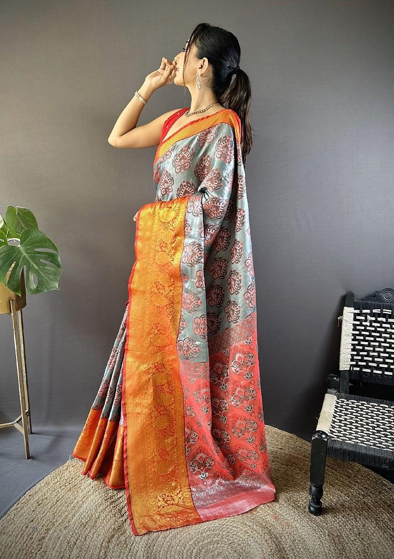 Grey Embroidered Blended Saree Set - Indya