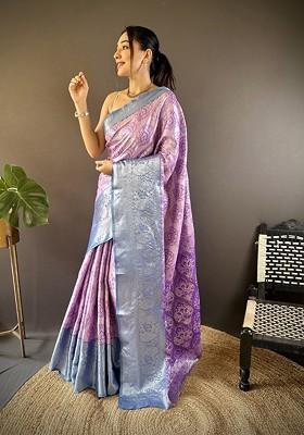 Lavender Embroidered Blended Saree Set