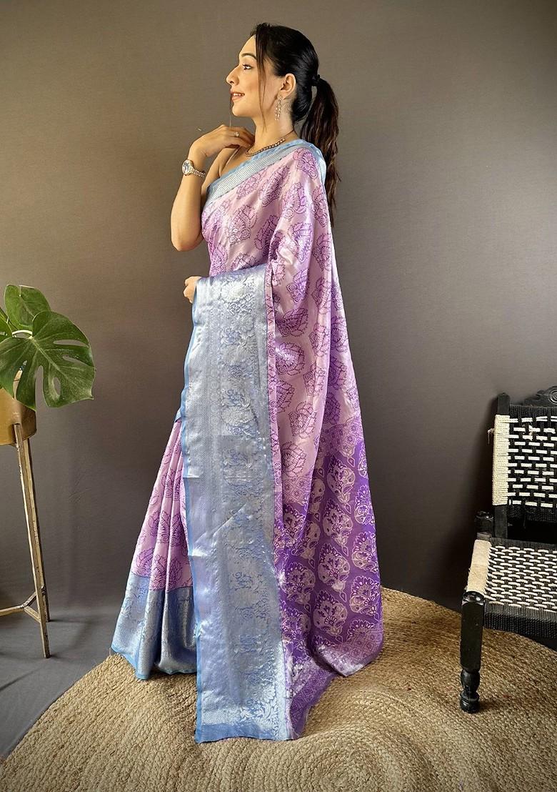 Lavender Embroidered Blended Saree Set - Indya