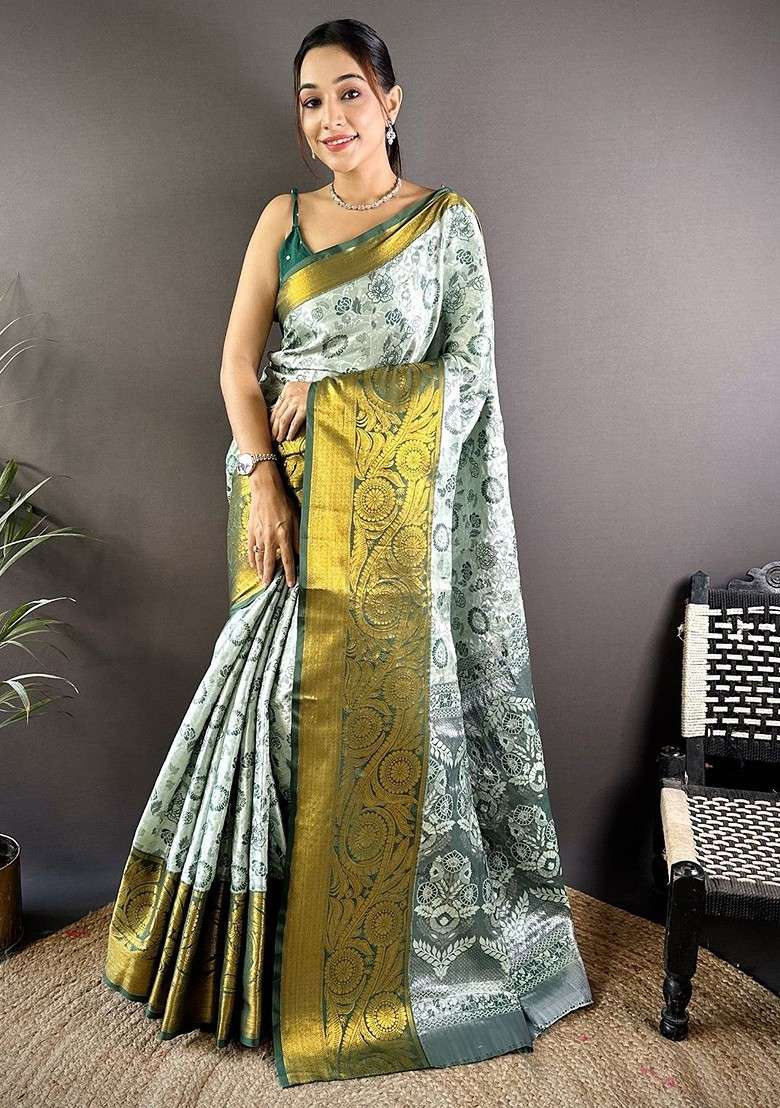 Green Blended Saree Set with Embroidered for Diwali | Wedding & Festive Wear - Indya