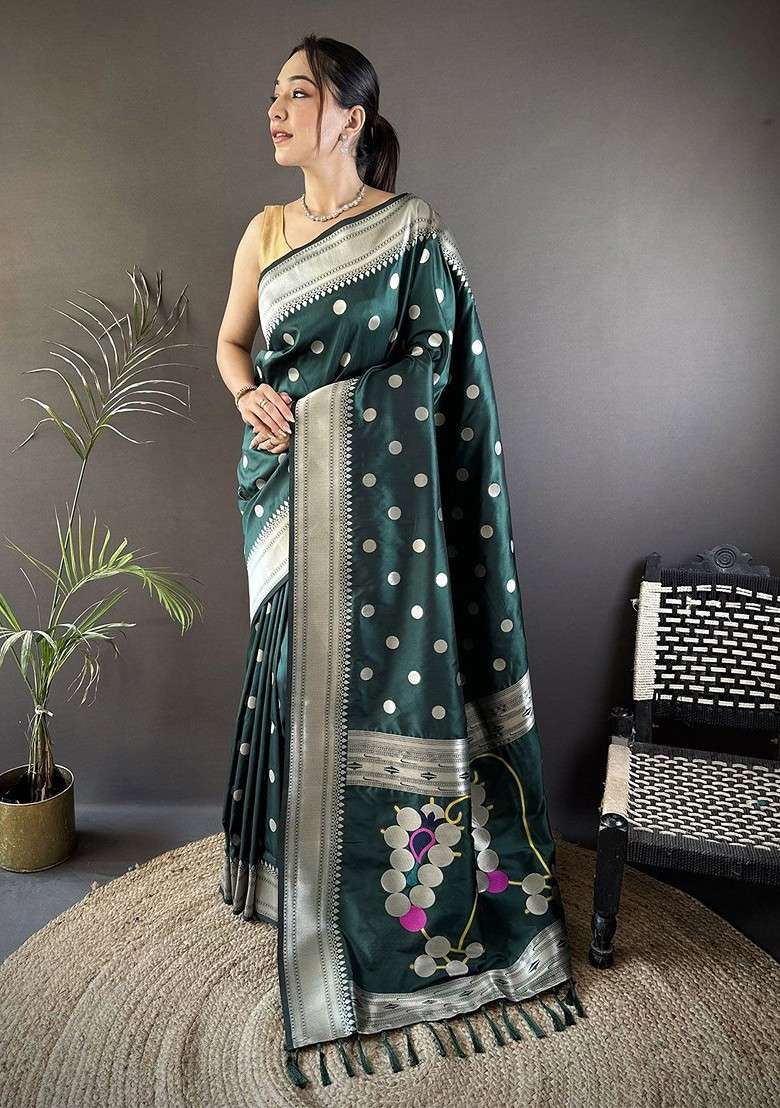 Green Embroidered Blended Saree Set for Diwali and Festive Wear - Indya