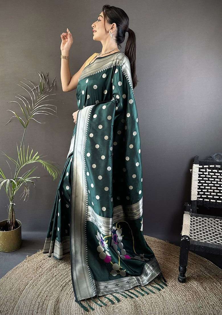 Green Embroidered Blended Saree Set for Diwali and Festive Wear - Indya