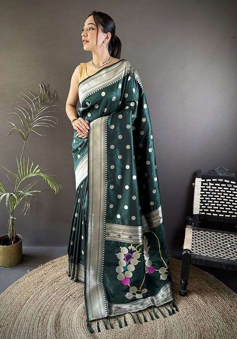 Green Embroidered Blended Saree Set for Diwali and Festive Wear