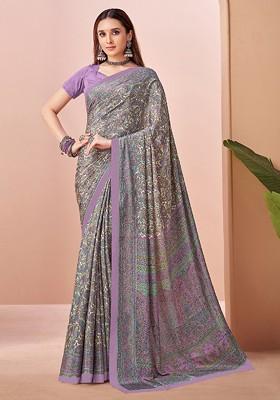 Lavender Embroidered Blended Saree Set
