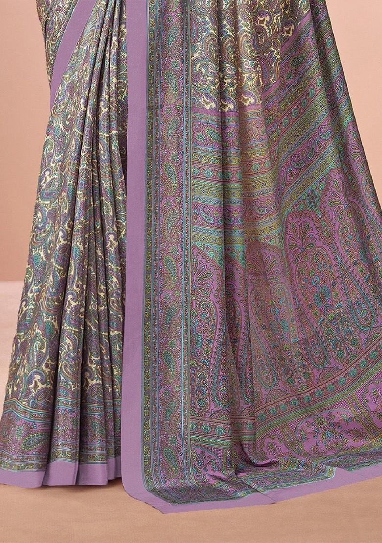 Lavender Embroidered Blended Saree Set - Indya