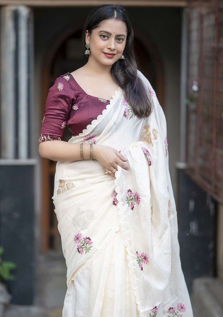 Off White Embroidered Blended Saree Set for Diwali and Festive Wear - Indya