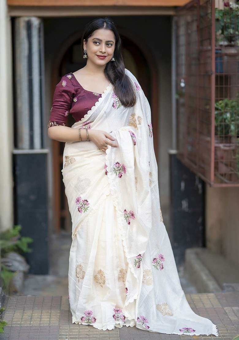 Off White Embroidered Blended Saree Set for Diwali and Festive Wear - Indya