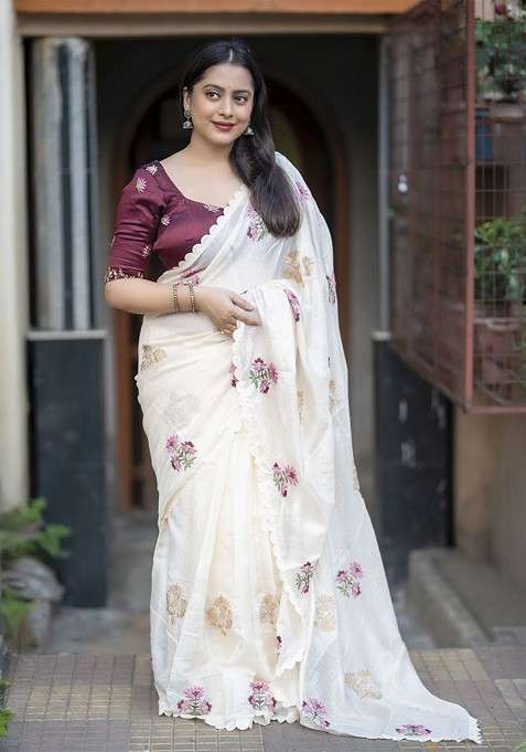 Off White Embroidered Blended Saree Set for Diwali and Festive Wear