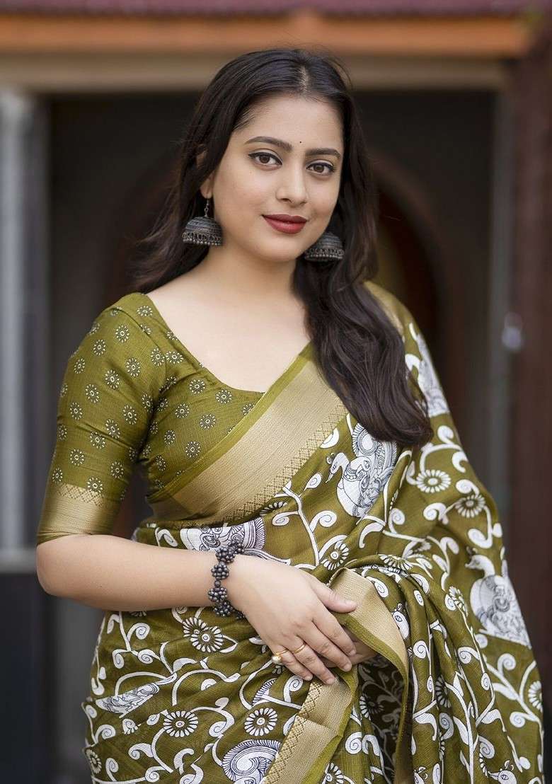 Olive Blended Saree Set with Embroidered for Diwali | Wedding & Festive Wear - Indya