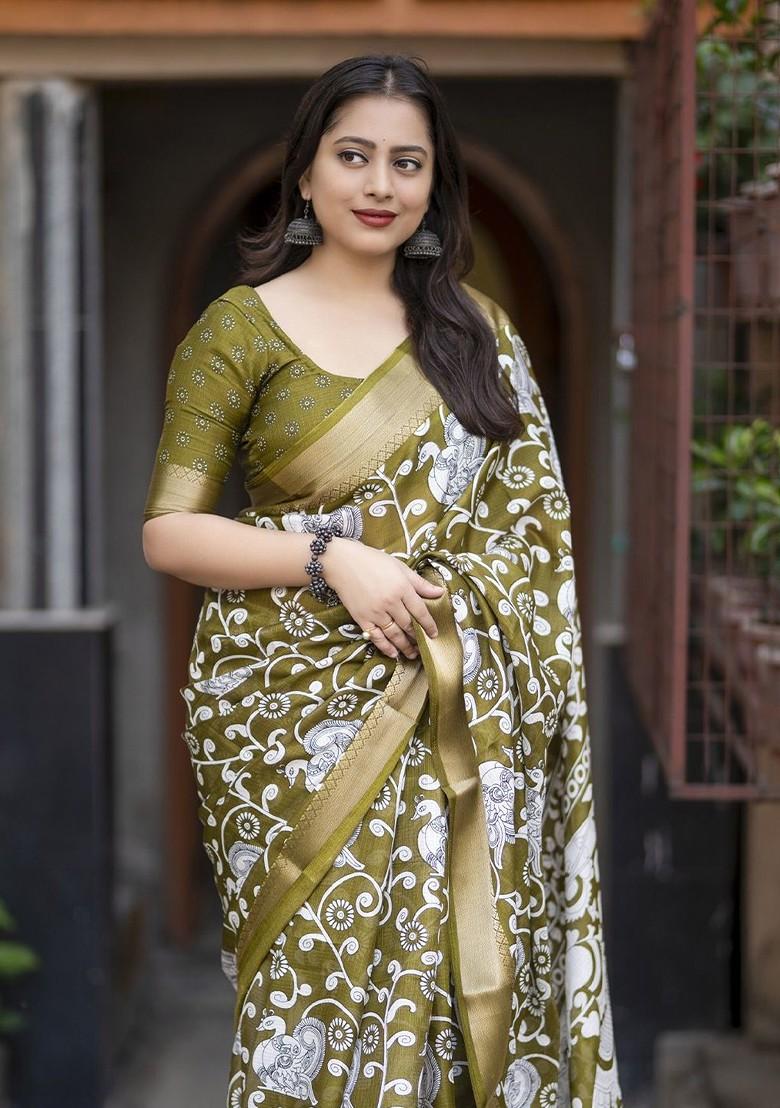 Olive Embroidered Blended Saree Set - Indya