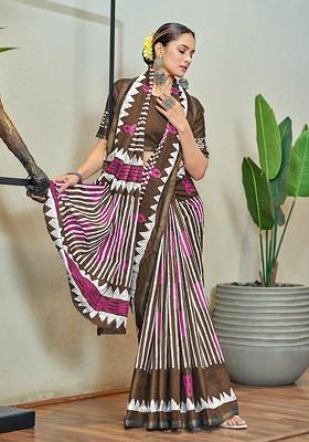 Brown Embroidered Blended Saree Set