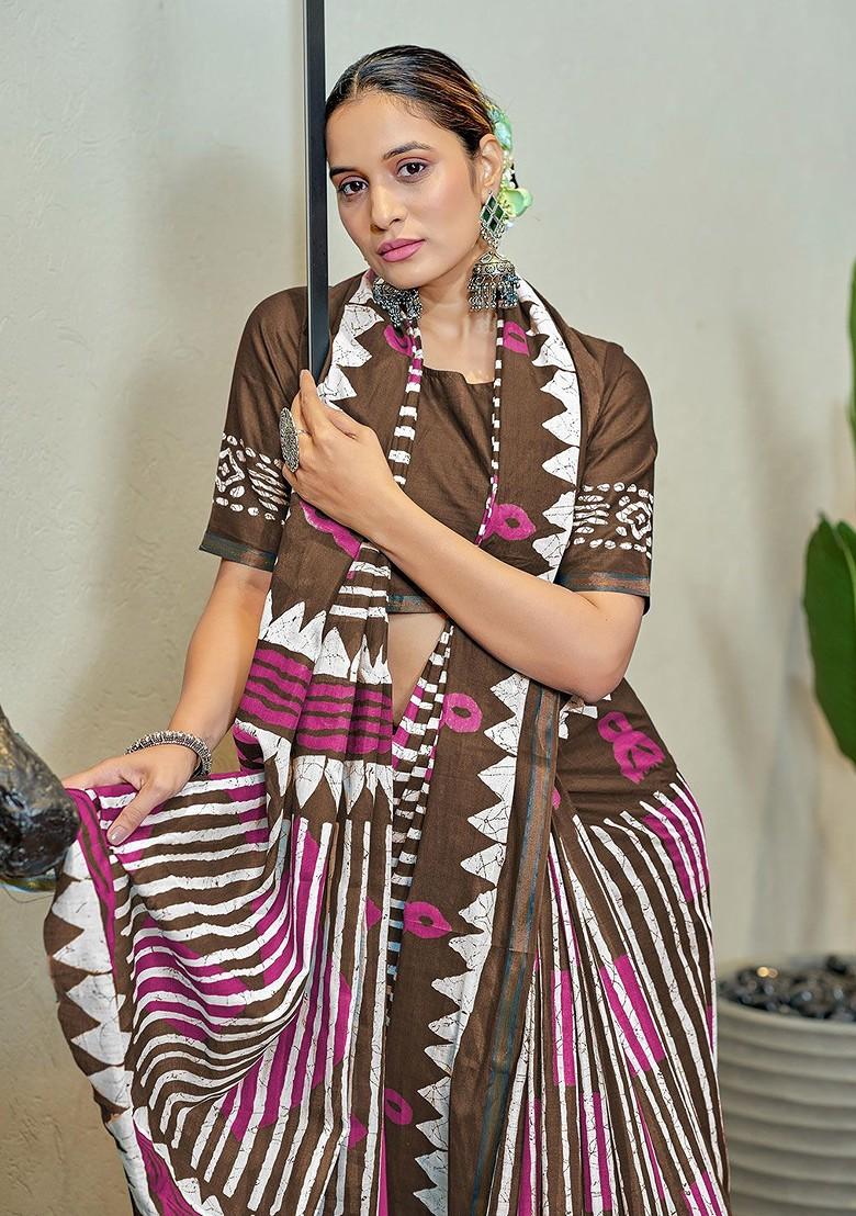 Brown Embroidered Blended Saree Set - Indya