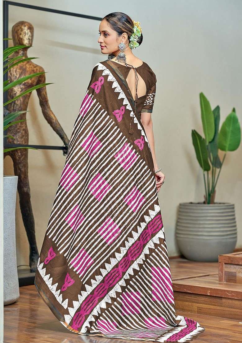 Brown Embroidered Blended Saree Set for Diwali and Festive Wear - Indya