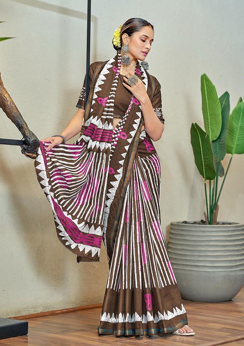 Brown Embroidered Blended Saree Set - Indya