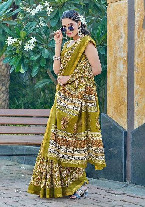Green Embroidered Blended Saree Set for Diwali and Festive Wear