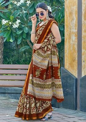 Brown Embroidered Blended Saree Set