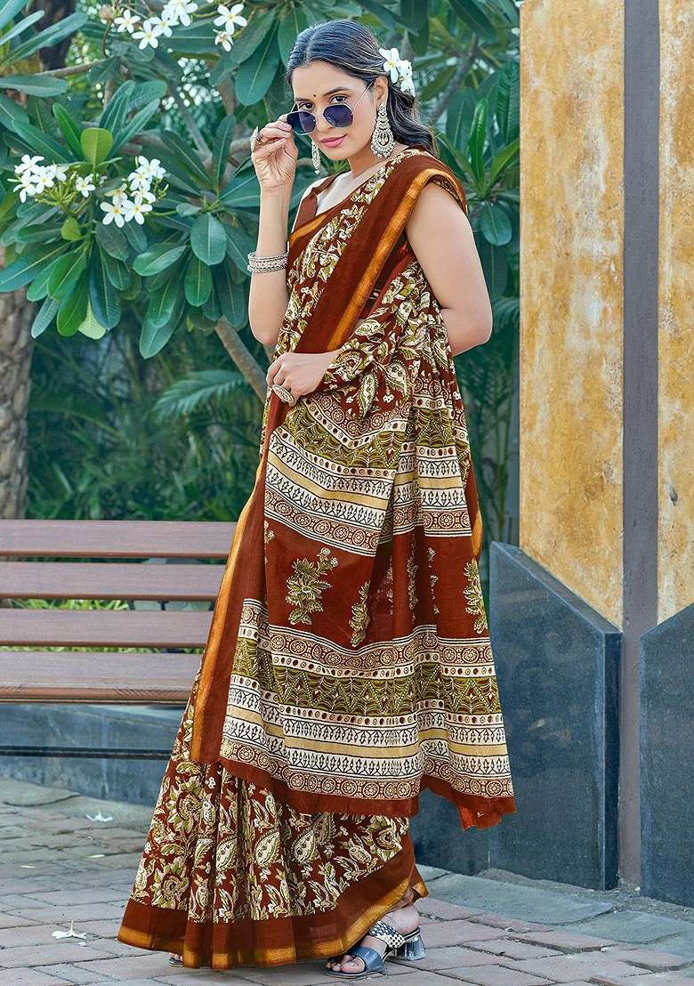Brown Blended Saree Set with Embroidered for Diwali | Wedding & Festive Wear - Indya