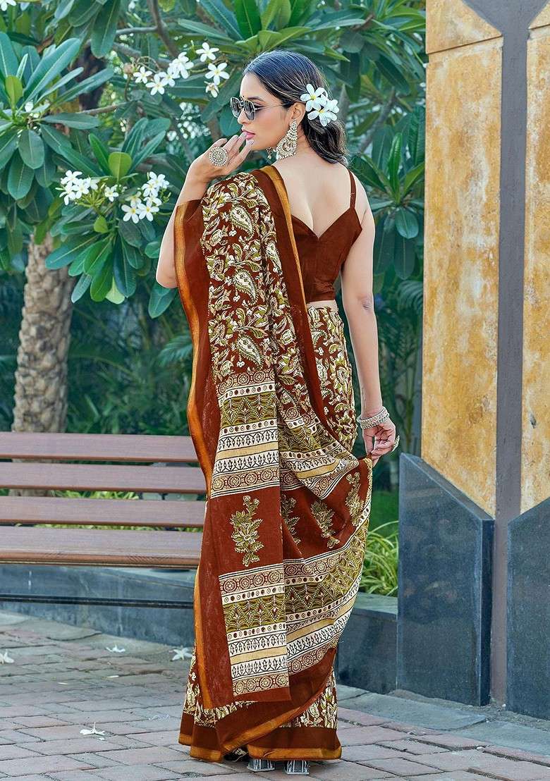 Brown Blended Saree Set with Embroidered for Diwali | Wedding & Festive Wear - Indya