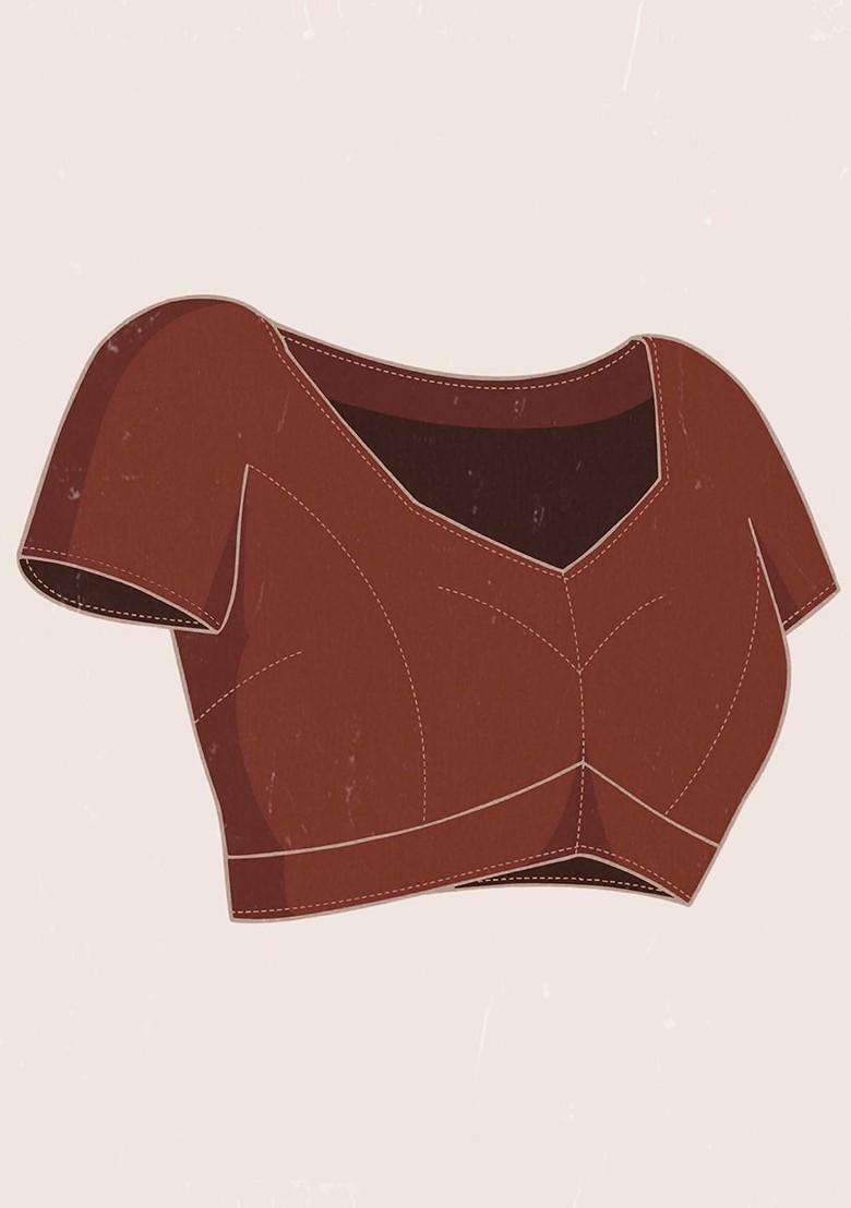 Brown Embroidered Blended Saree Set - Indya