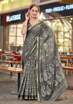 Grey Embroidered Blended Saree Set