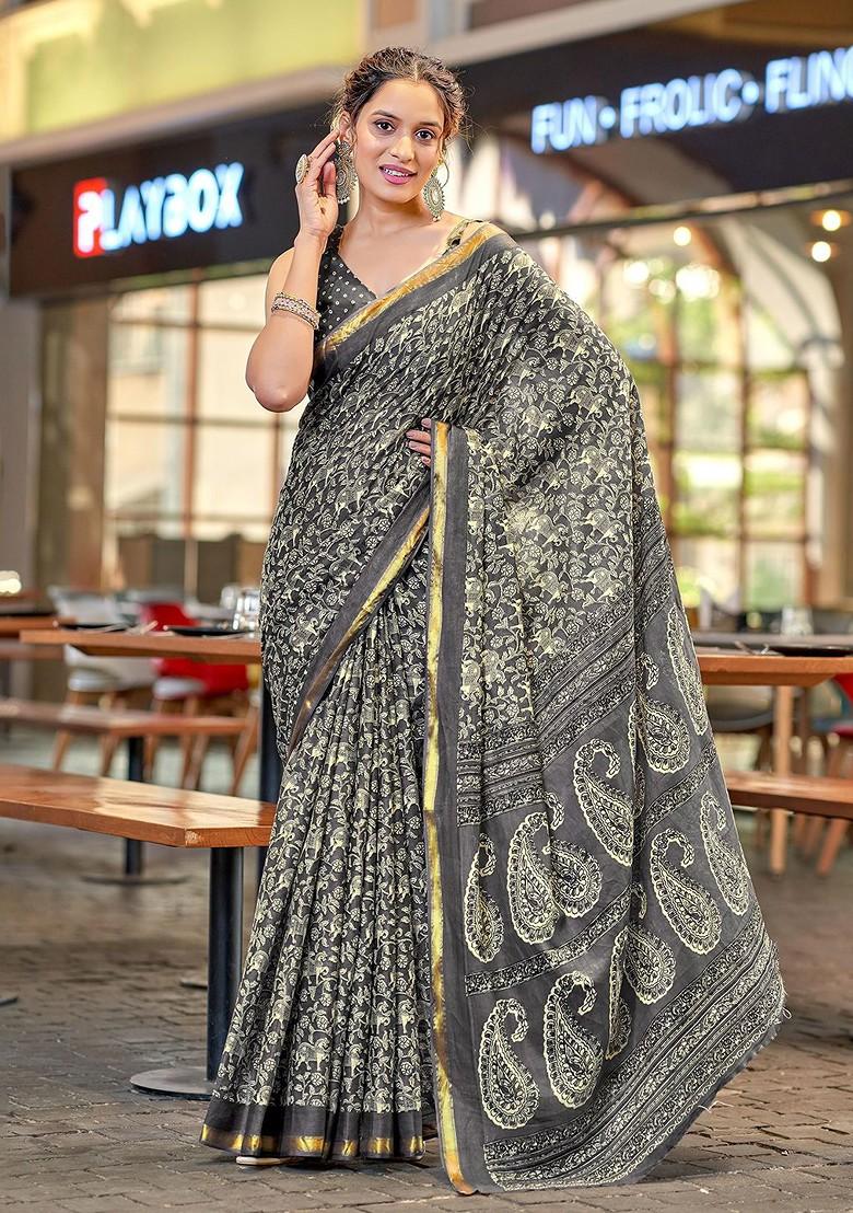 Grey Embroidered Blended Saree Set - Indya