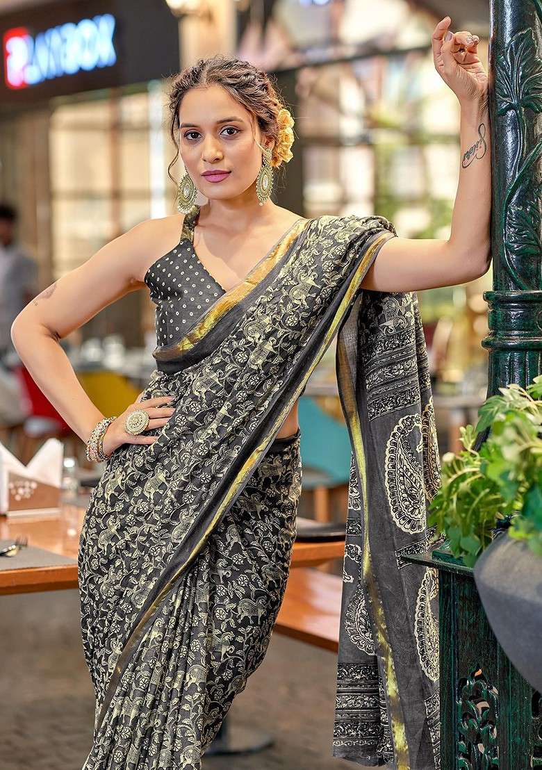 Grey Blended Saree Set with Embroidered for Diwali | Wedding & Festive Wear - Indya