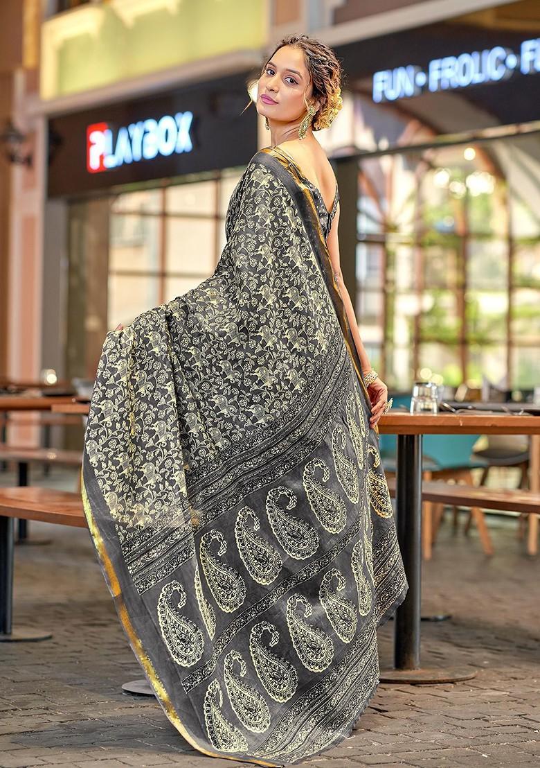 Grey Embroidered Blended Saree Set - Indya