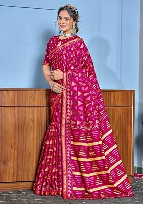 Pink Embroidered Blended Saree Set