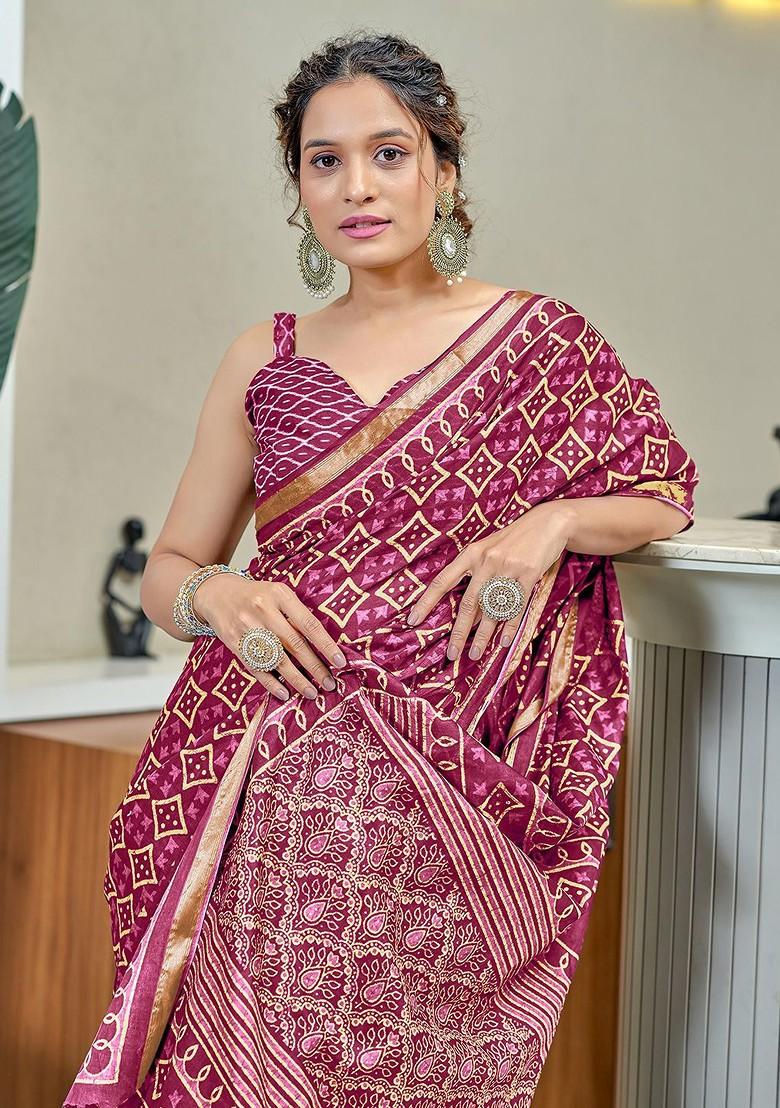 Pink Embroidered Blended Saree Set - Indya