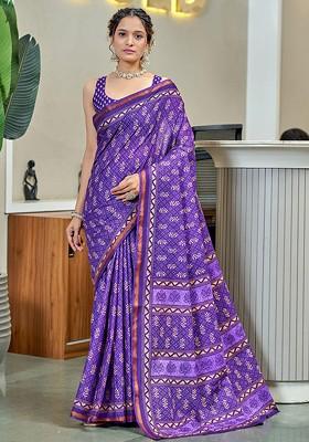 Purple Embroidered Blended Saree Set
