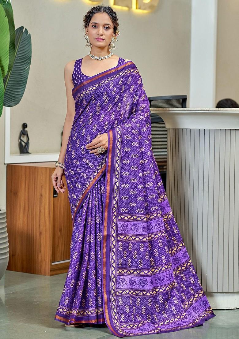Purple Embroidered Blended Saree Set - Indya
