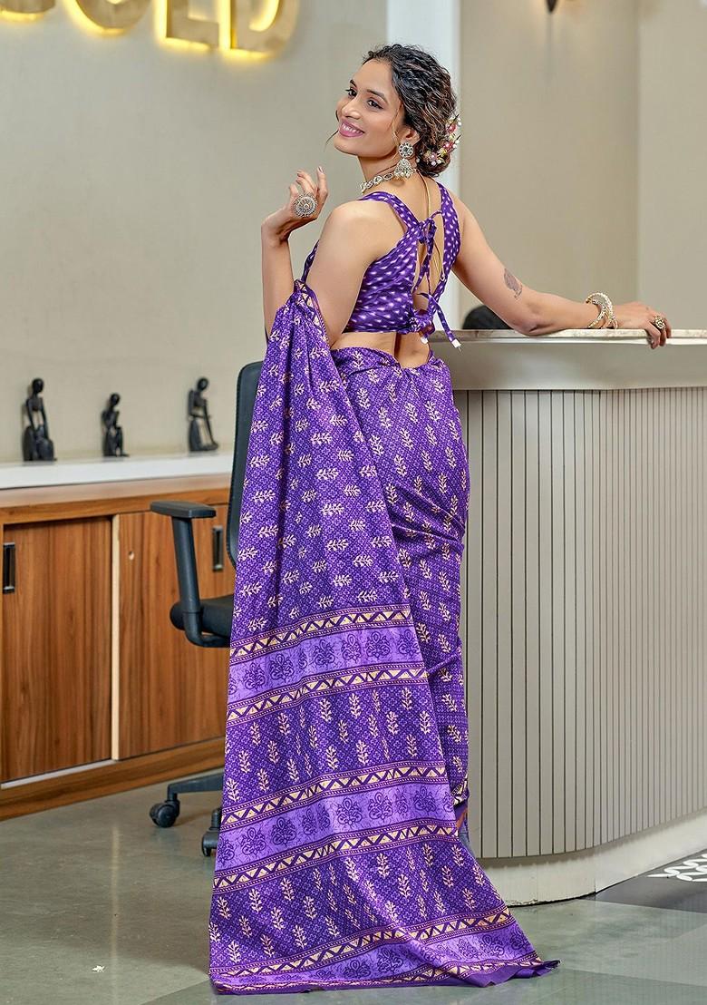 Purple Embroidered Blended Saree Set - Indya