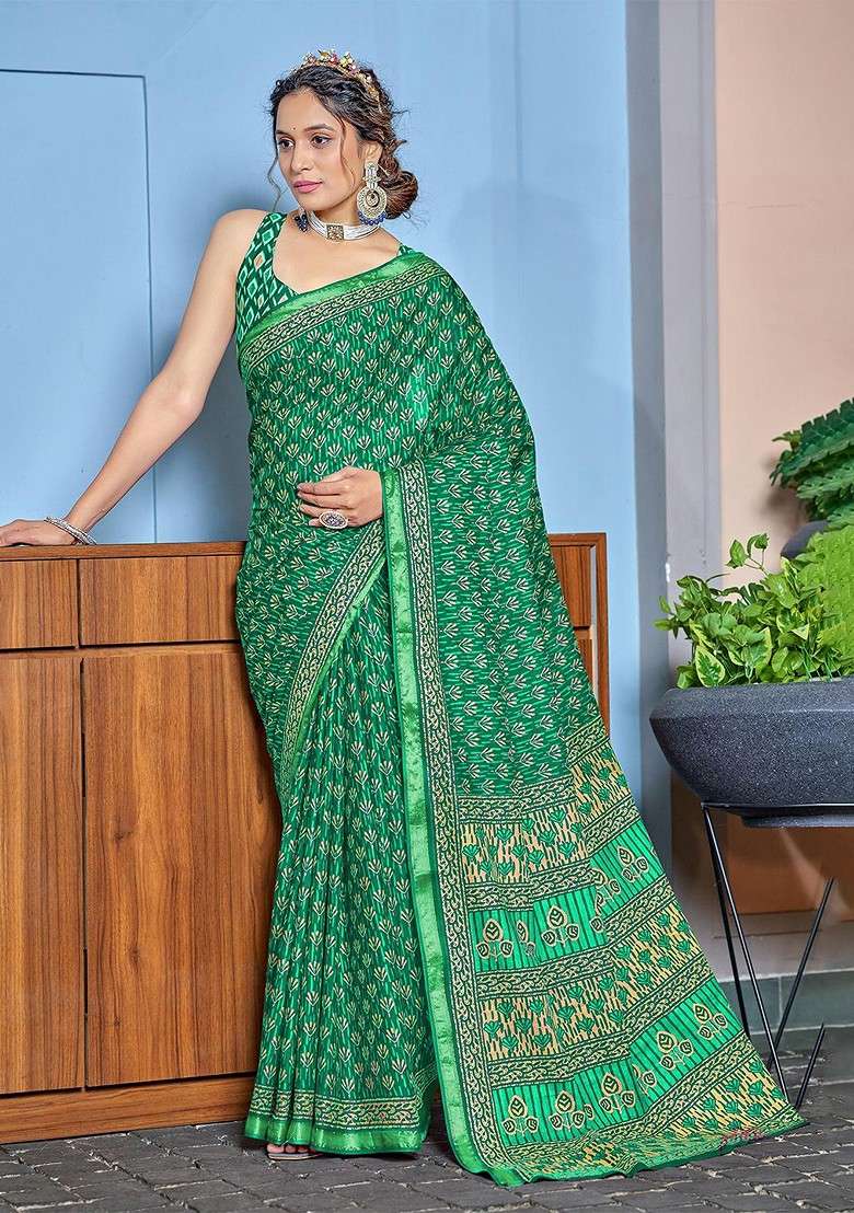 Green Embroidered Blended Saree Set for Diwali and Festive Wear - Indya