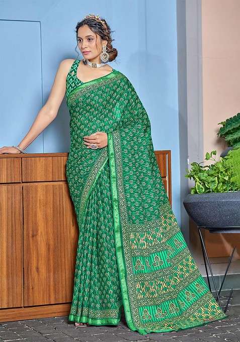 Green Embroidered Blended Saree Set for Diwali and Festive Wear