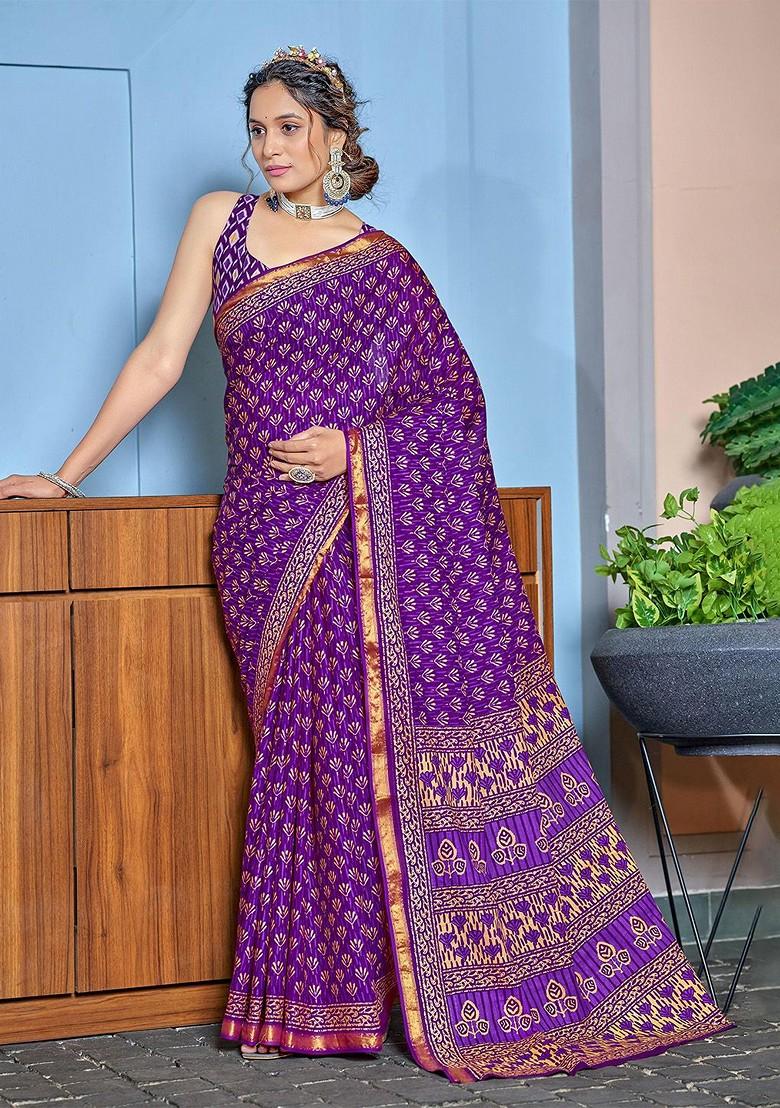 Purple Embroidered Blended Saree Set - Indya