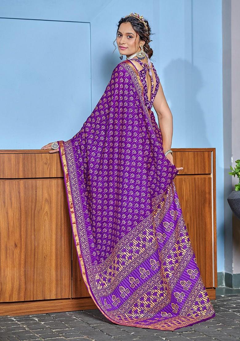 Purple Embroidered Blended Saree Set - Indya