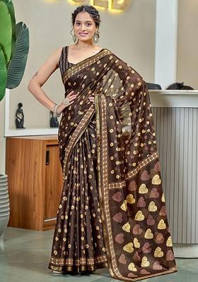 Brown Embroidered Blended Saree Set