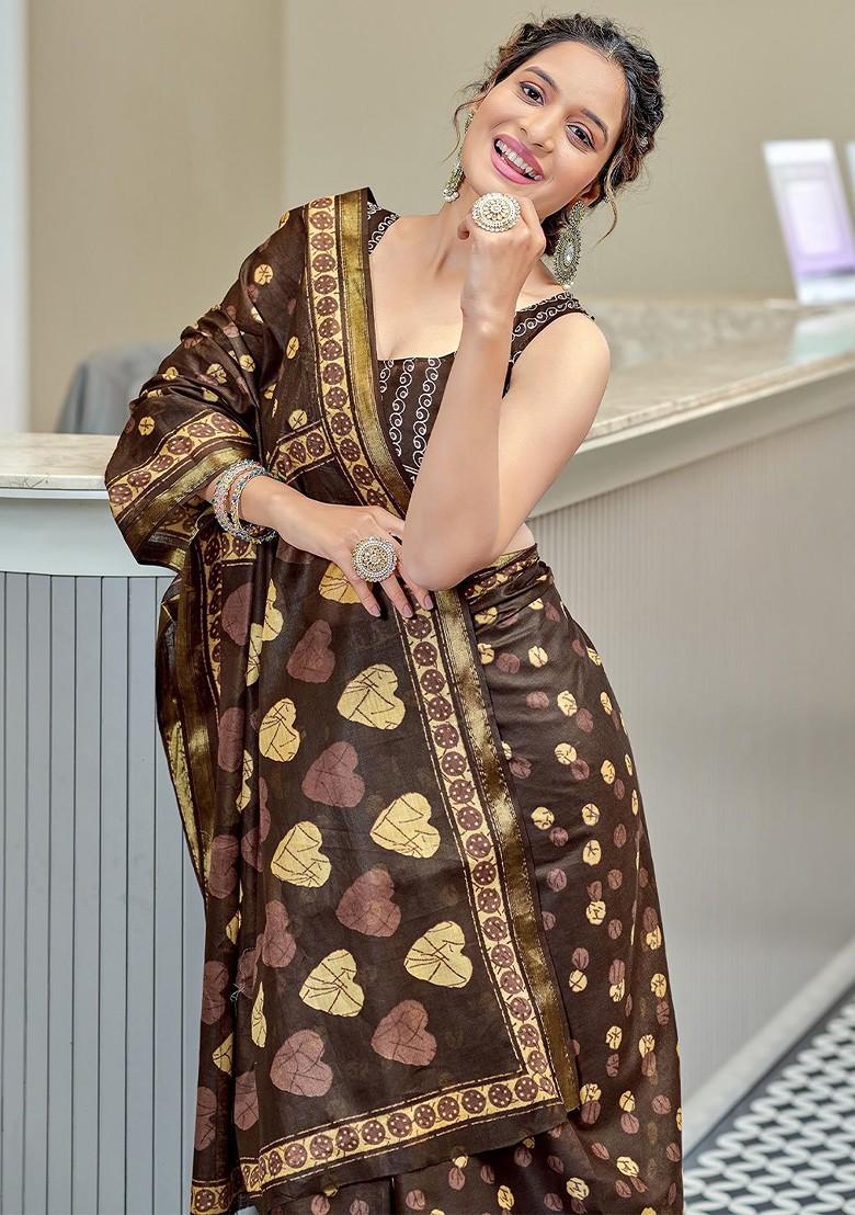 Brown Embroidered Blended Saree Set - Indya