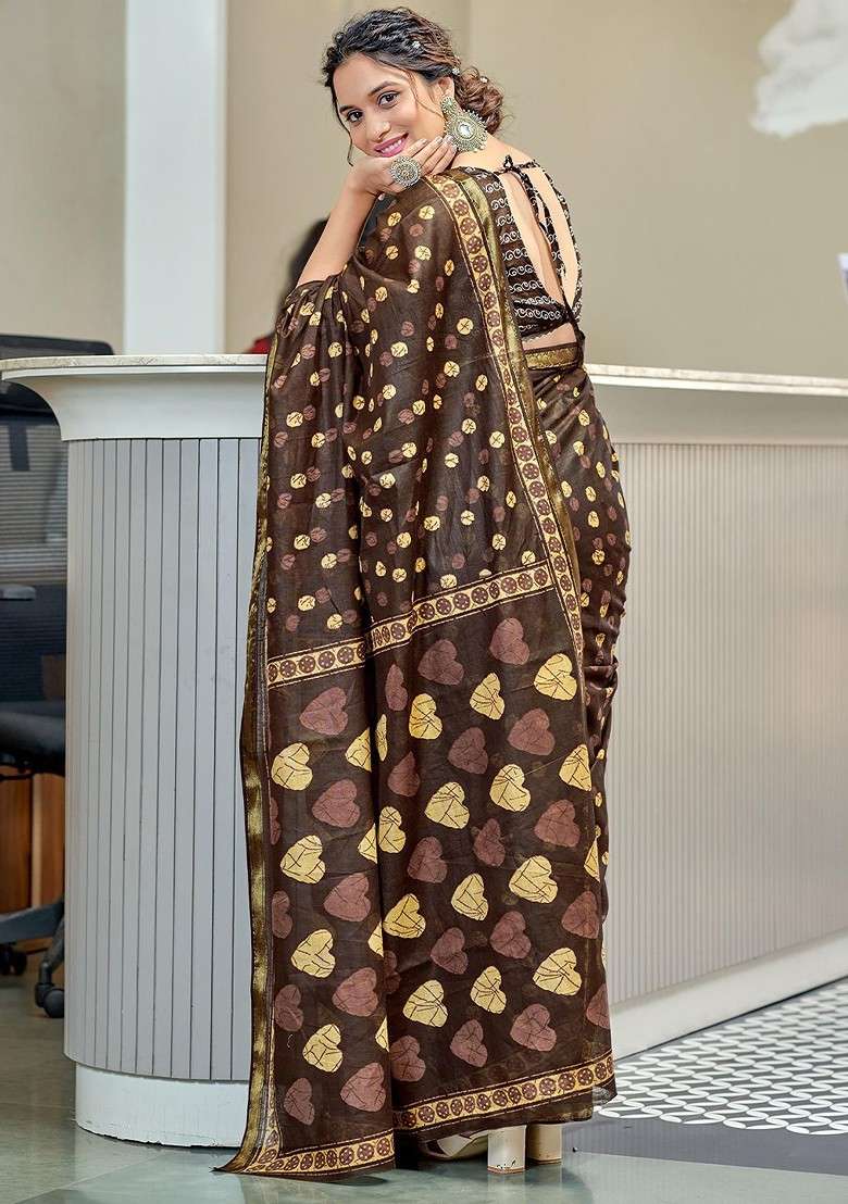 Brown Embroidered Blended Saree Set - Indya